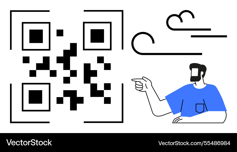 Qr code with minimalist man pointing and cloud Qr code with minimalist man pointing and cloud Vector Image
