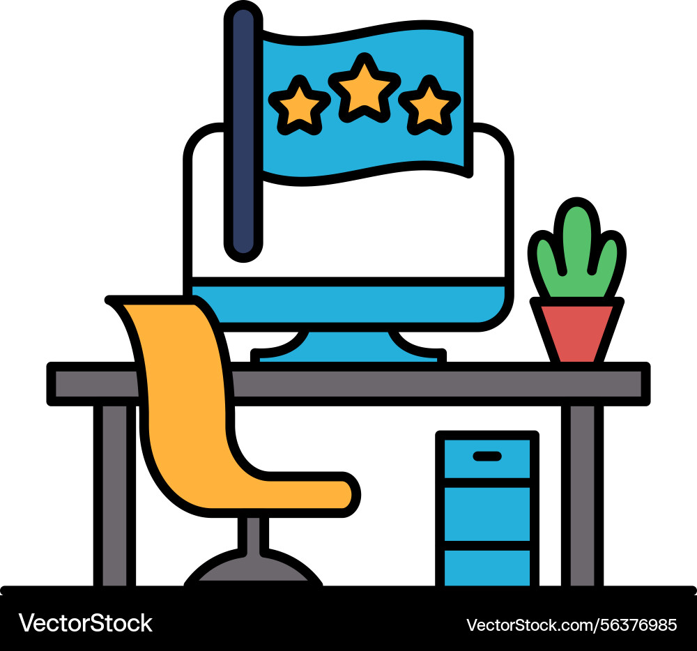 A computer monitor sits on desk with flag A computer monitor sits on desk with flag vector image