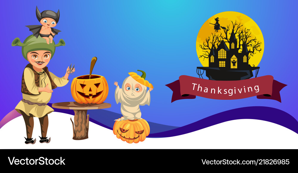 Father with kids carving hallows pumpkin poster Father with kids carving hallows pumpkin poster vector image