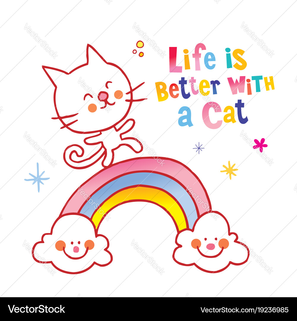 Süße Katze mit Regenbogen Text Vektorbild