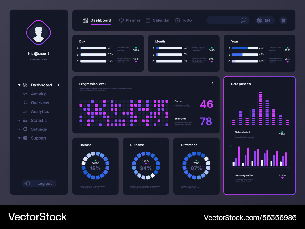 Graph chart dashboard data analysis ui web Vector Image
