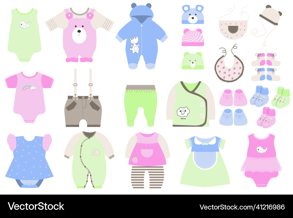 Süße Babykleidung und Schuhe in flachen Cartoon gesetzt Süße Babykleidung und Schuhe in flachen Cartoon gesetzt vektorbild