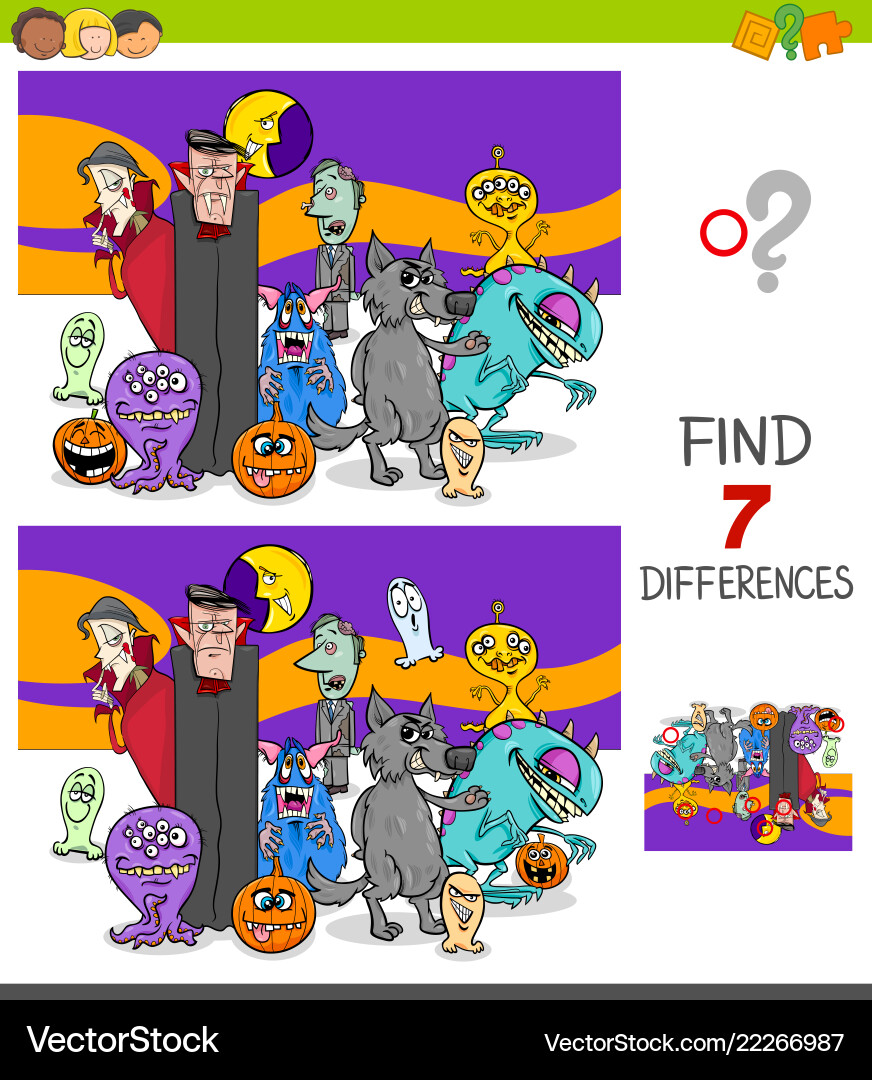 Differences game with scary halloween characters Differences game with scary halloween characters vector image