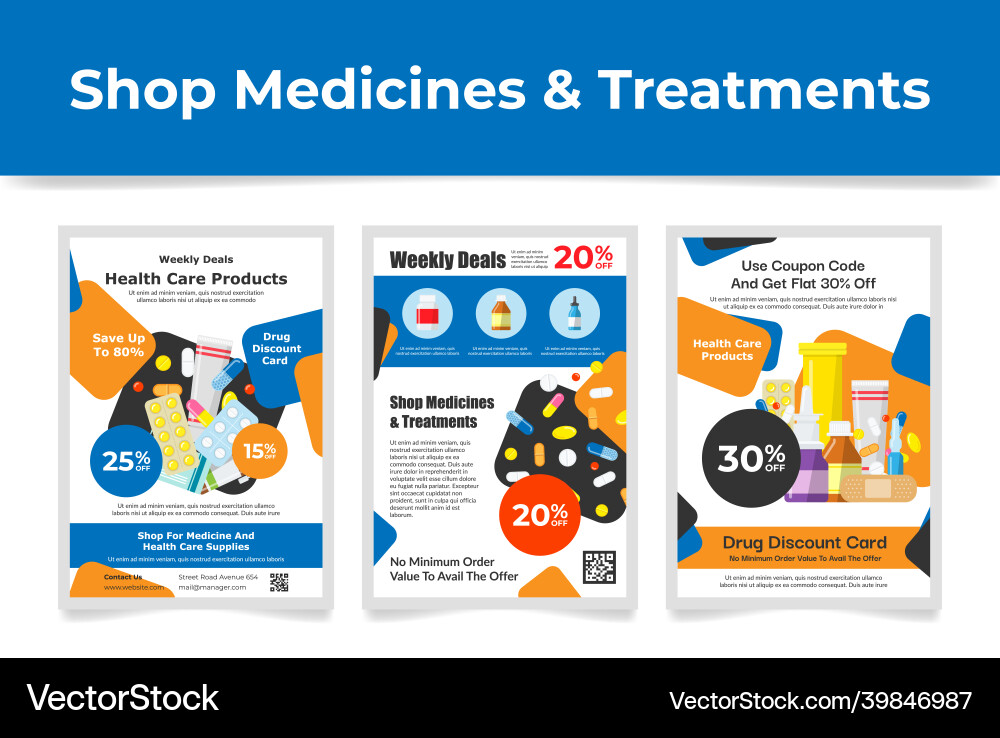Shop medicines and treatment poster set Shop medicines and treatment poster set vector image