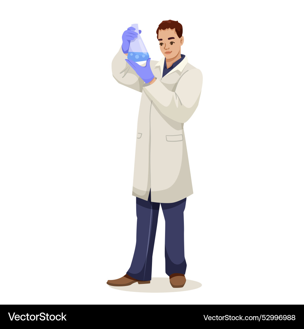 Scientist holding a flask in lab coat Scientist holding a flask in lab coat vector image