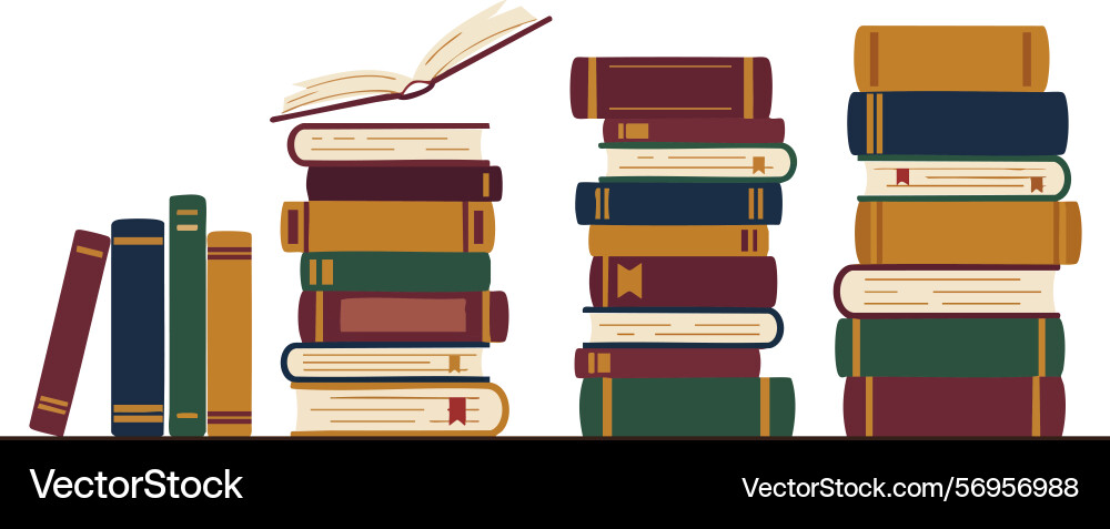 Stacks of various colored books with one open Stacks of various colored books with one open Vector Image