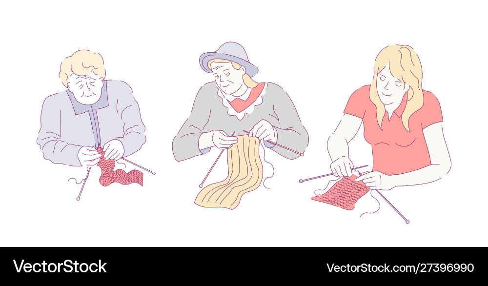 Drei sitzende und strickende Frauen bunten Doodle Drei sitzende und strickende Frauen bunten Doodle vektorbild