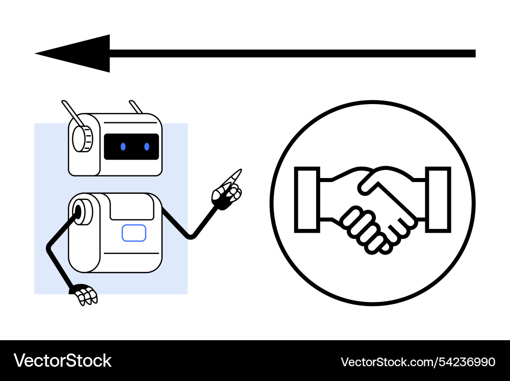 Robot pointing at handshake symbol with forward Robot pointing at handshake symbol with forward vector image