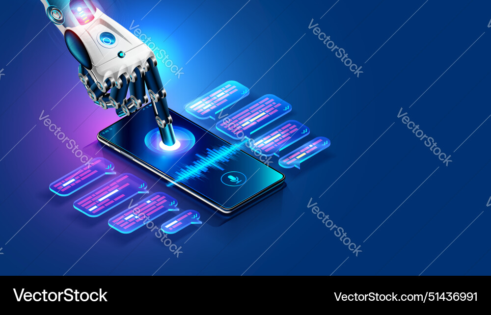 Ai chat bot in image robot hand tap screen phone Ai chat bot in image robot hand tap screen phone vector image