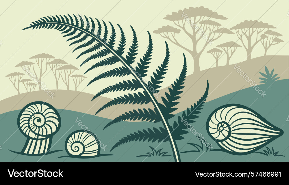 Fern and fossil shells in a harmonious abstract vector image