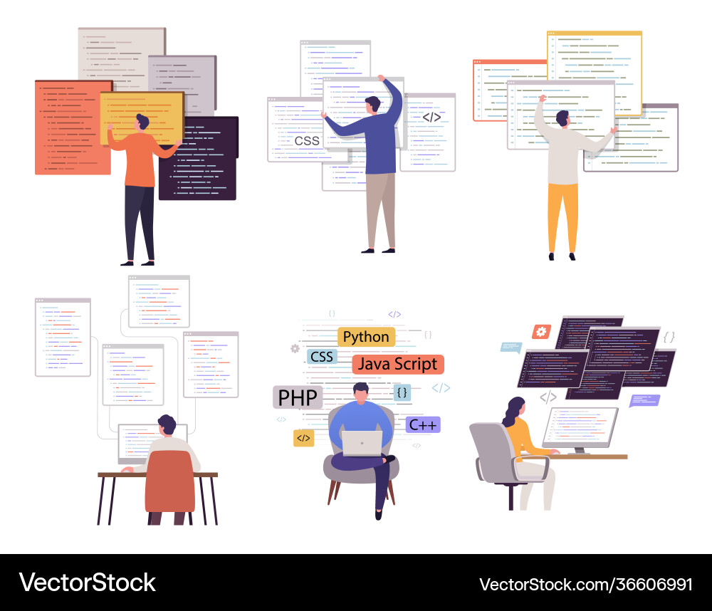 Software Developers Working on Laptops Vector Image