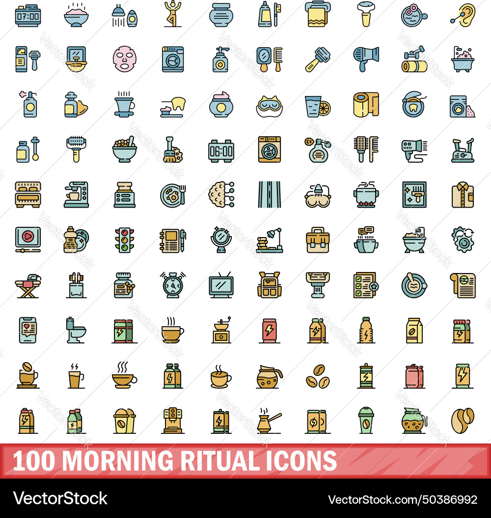 100 Morgen Ritual Icons setzen Farblinie Stil 100 Morgen Ritual Icons setzen Farblinie Stil vektorbild