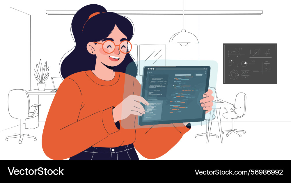 Woman programming software on tablet in modern Woman programming software on tablet in modern Vector Image