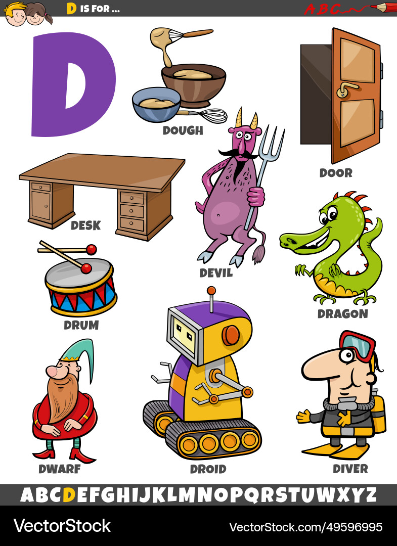 Letter d set with cartoon objects and characters Letter d set with cartoon objects and characters vector image