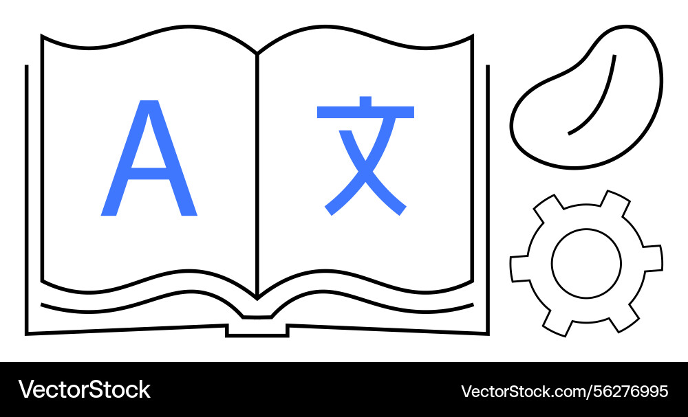 Open book with multilingual text bean shape Vector Image
