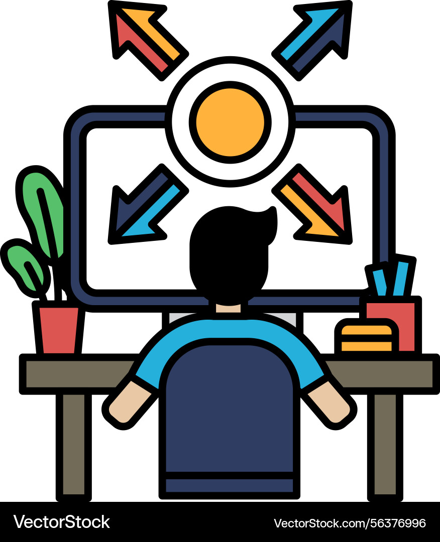 Man is sitting at a desk with computer monitor Man is sitting at a desk with computer monitor vector image