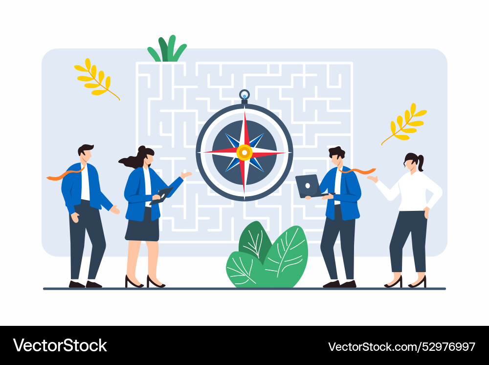 Flat of group navigating maze with compass Vector Image