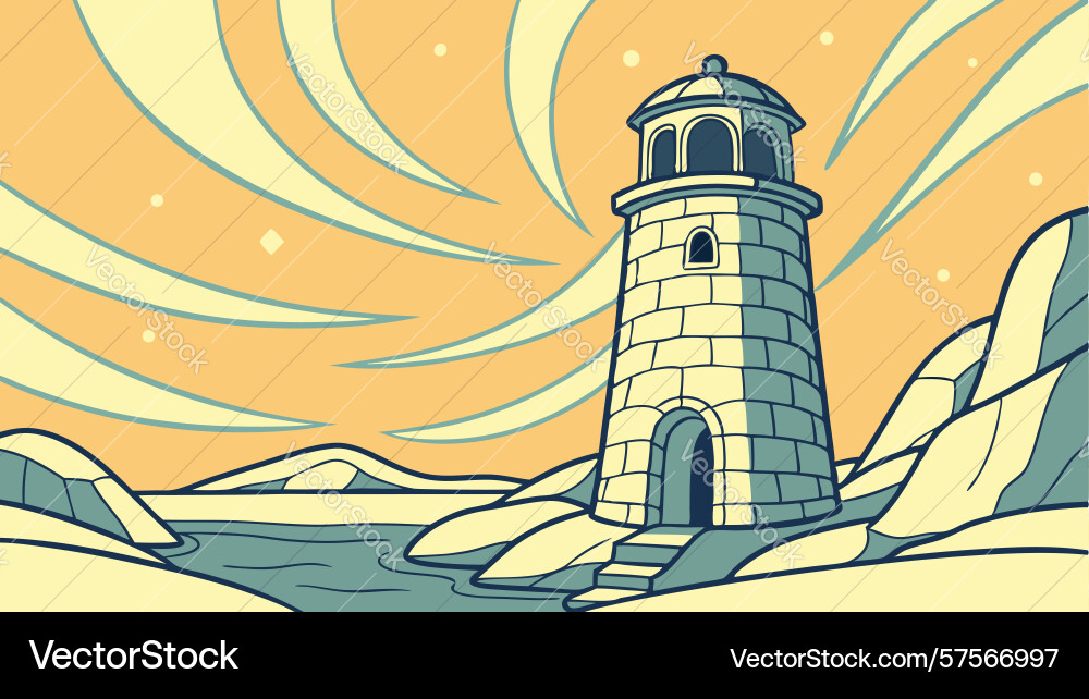 Lighthouse at sunrisesunset with dynamic rays Vector Image