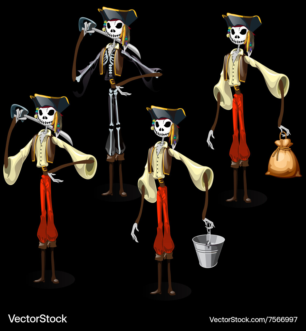 Set of five pirates skeletons with different items vector image