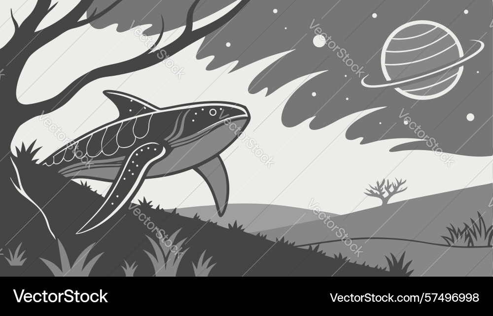 Abstract shark in space with planets and tree Vector Image