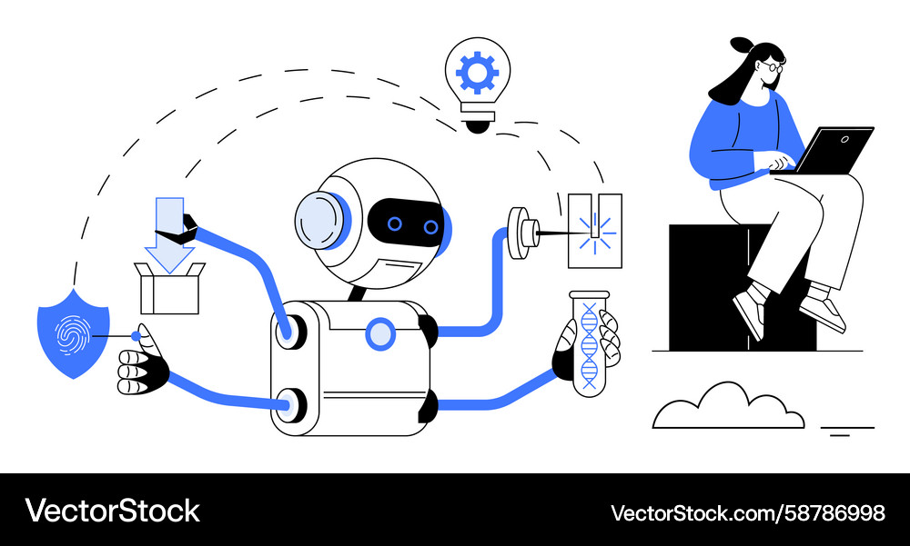 Robot managing tasks with technology concepts Robot managing tasks with technology concepts Vector Image