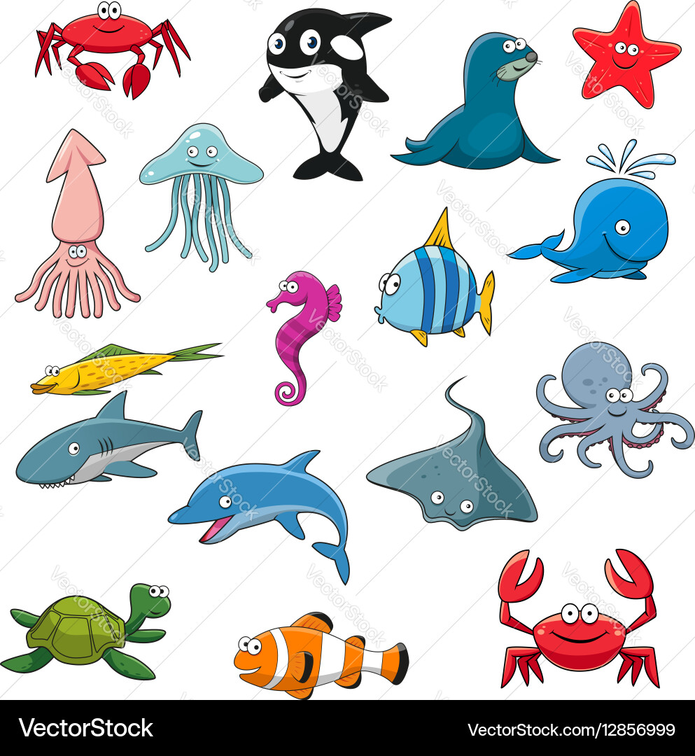 Cute Ocean Animals Cartoon Set Vector Image