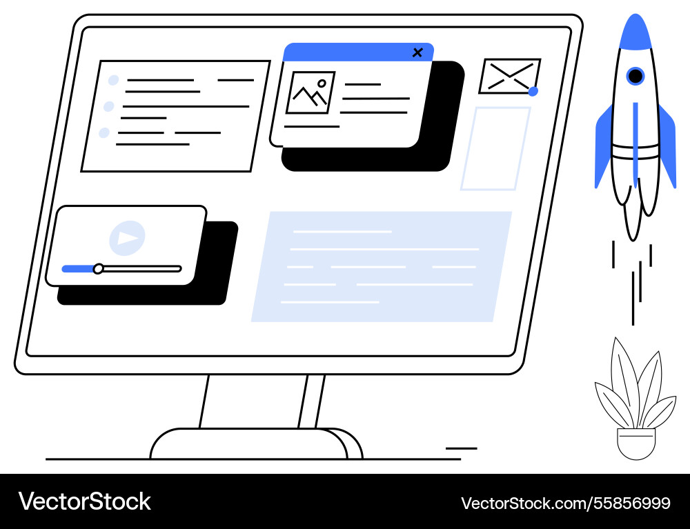 Digital workspace with desktop interface rocket Digital workspace with desktop interface rocket vector image