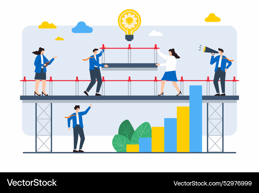 Flat of team members constructing bridge vector image