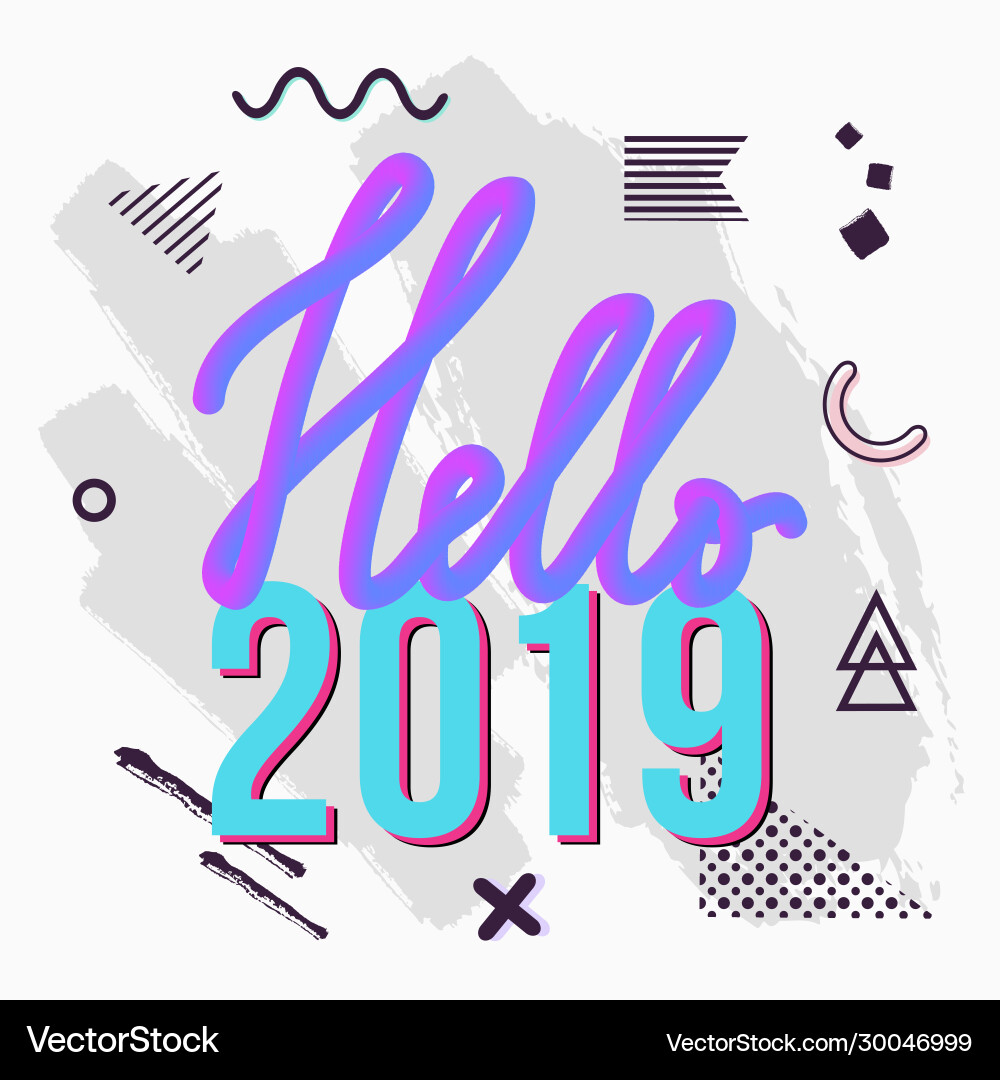 Trendy hallo 2019 Grußkarte mit chaotisch Trendy hallo 2019 Grußkarte mit chaotisch vektorbild