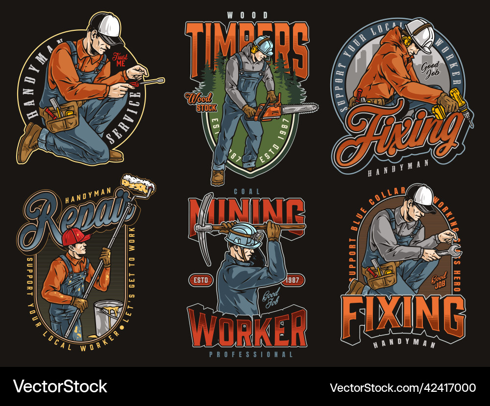 Men working with tools colorful patches set vector image