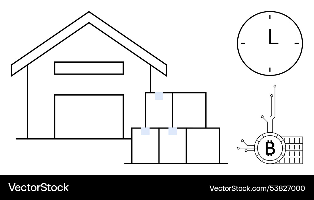 Warehouse with stacked boxes clock and bitcoin Warehouse with stacked boxes clock and bitcoin vector image
