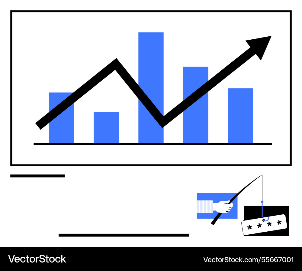 Rising graph with bar chart and phishing hook Rising graph with bar chart and phishing hook Vector Image
