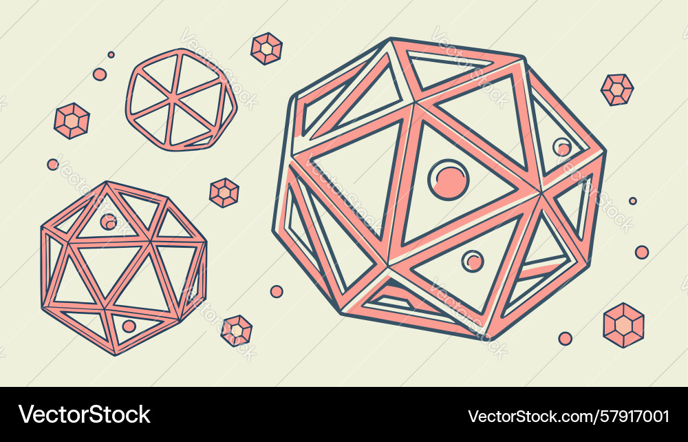 Wireframe icosahedrons with geometric patterns Vector Image