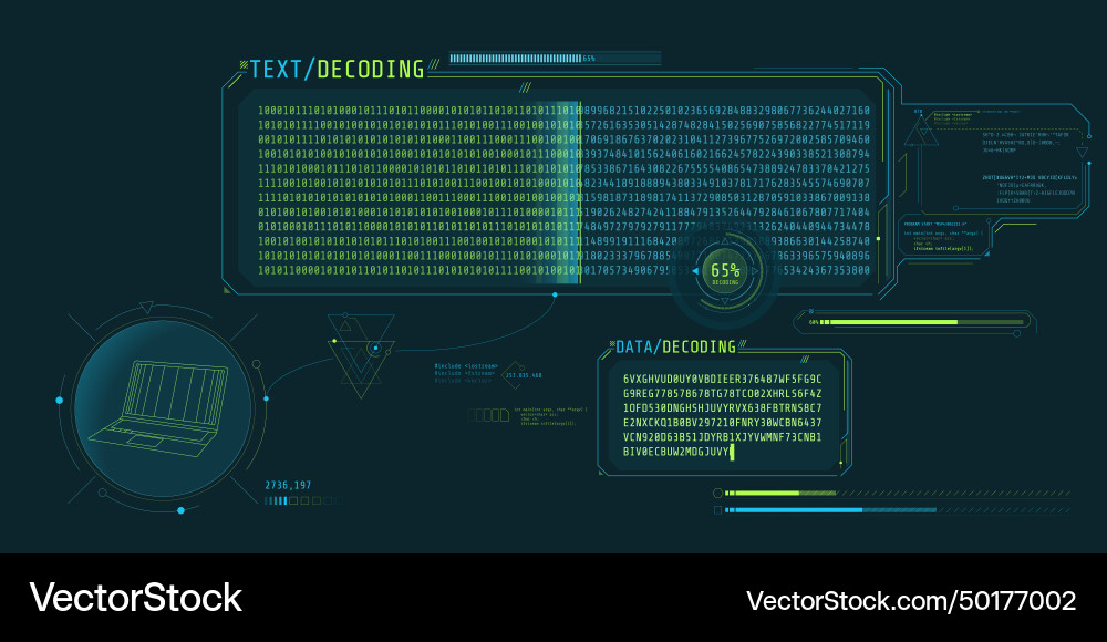 Daten-Entschlüsselungsbildschirm mit Text-Decodierungsfenster Daten-Entschlüsselungsbildschirm mit Text-Decodierungsfenster vektorbild