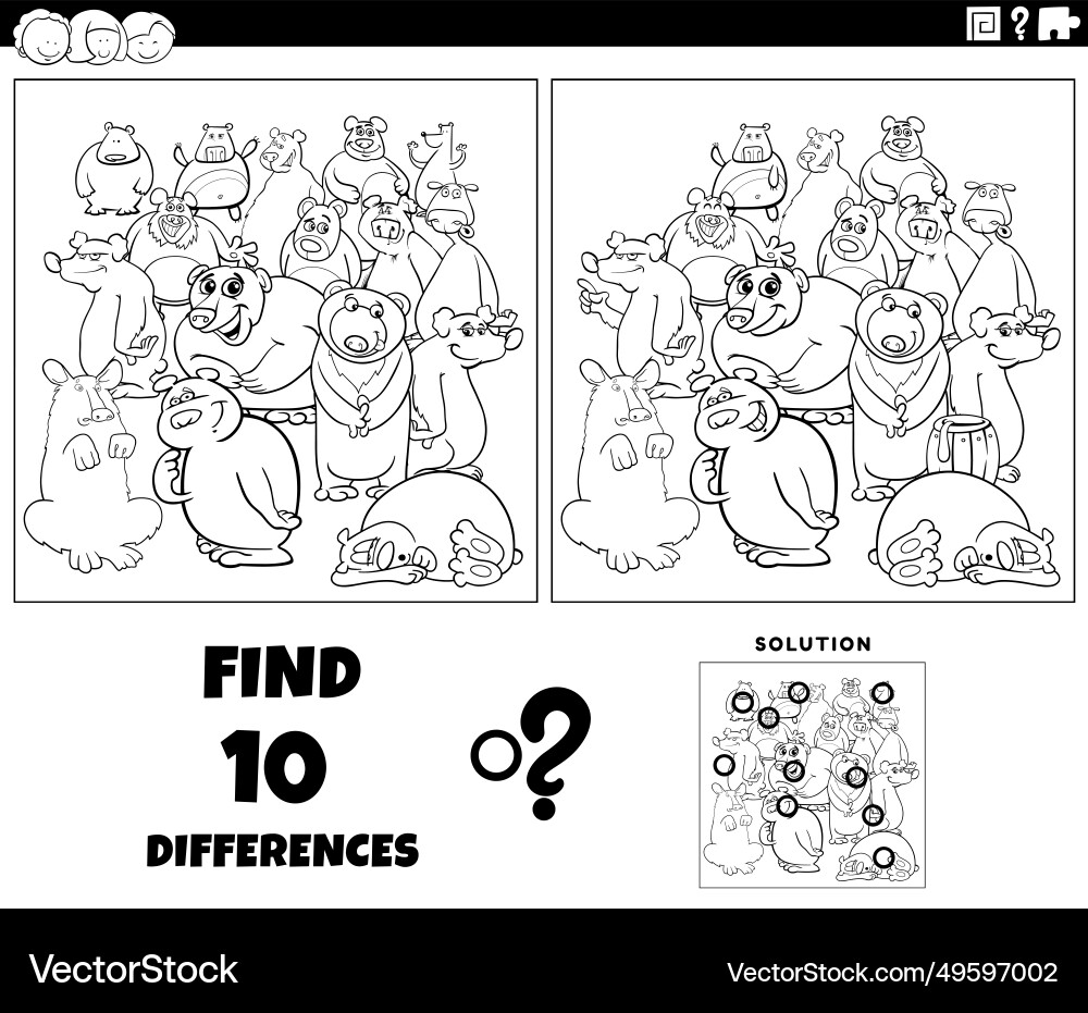 Differences game with cartoon bears characters Differences game with cartoon bears characters vector image