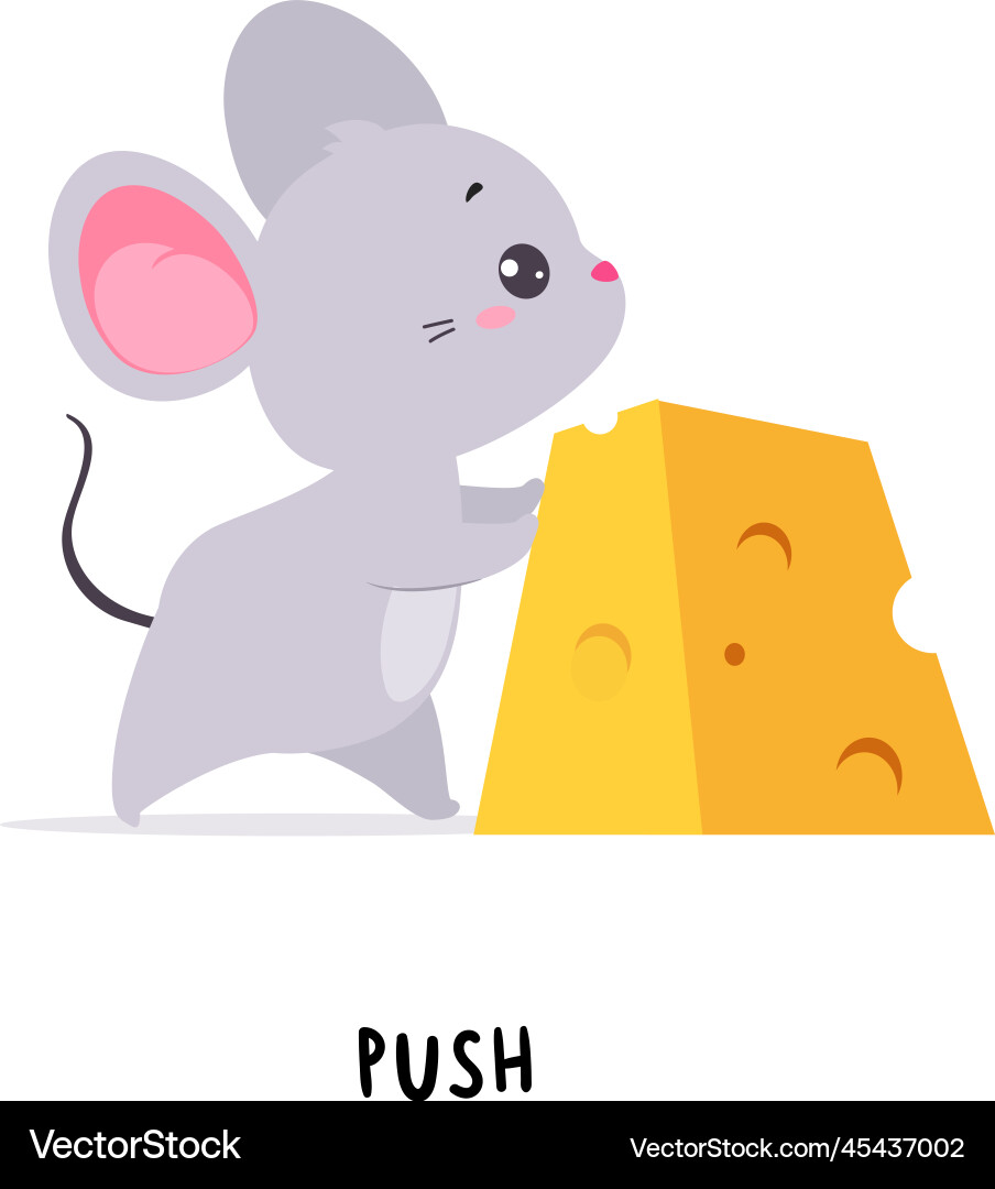 Little grey mouse pushing yellow cheese slab Little grey mouse pushing yellow cheese slab vector image