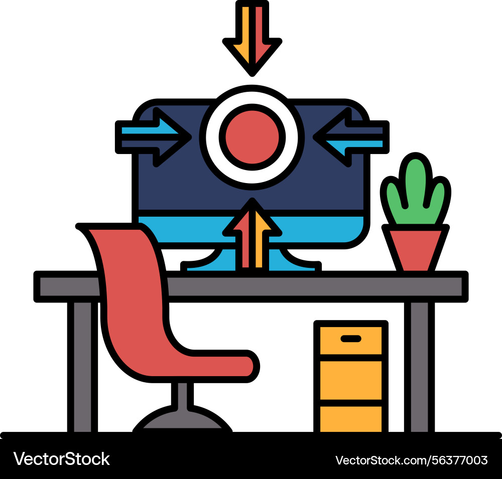 A computer monitor with red chair in front A computer monitor with red chair in front vector image