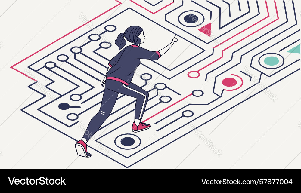 Agile progress person running on circuitry path Vector Image