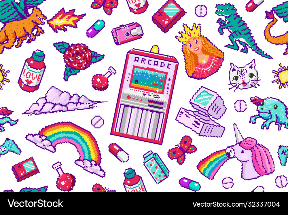 Retro Pixel Art Pattern - Rainbows & Games vector image