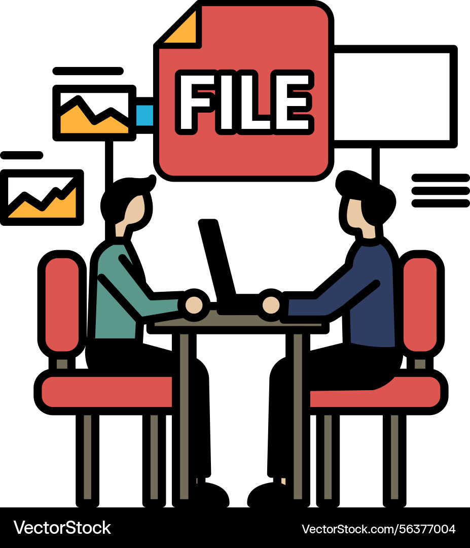 Two men sitting at a table with red file folder vector image