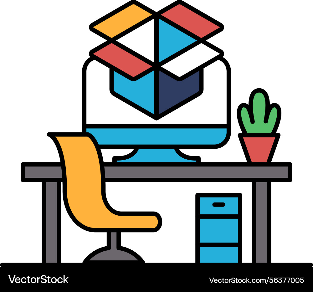 A computer monitor sits on desk with box A computer monitor sits on desk with box vector image