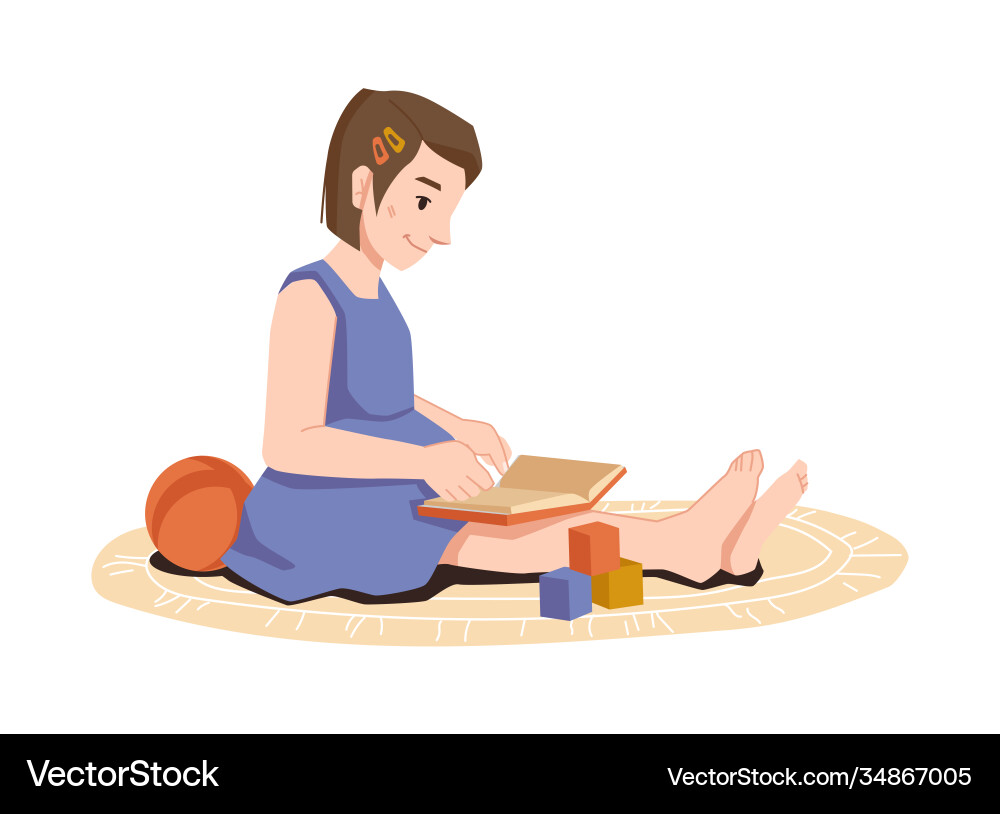 Vorschule Mädchen sitzen auf Teppich Buch und Spielzeug Vorschule Mädchen sitzen auf Teppich Buch und Spielzeug vektorbild