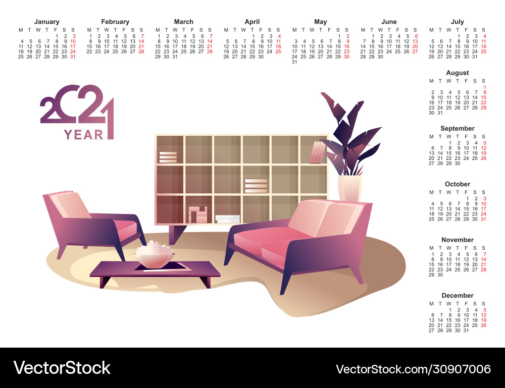 2021 calendar apartment interior english 2021 calendar apartment interior english vector image