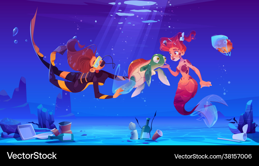 Diver girl and mermaid help underwater animals vector image