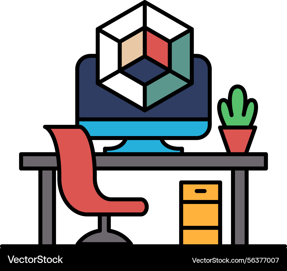 A computer monitor sits on desk with red A computer monitor sits on desk with red vector image
