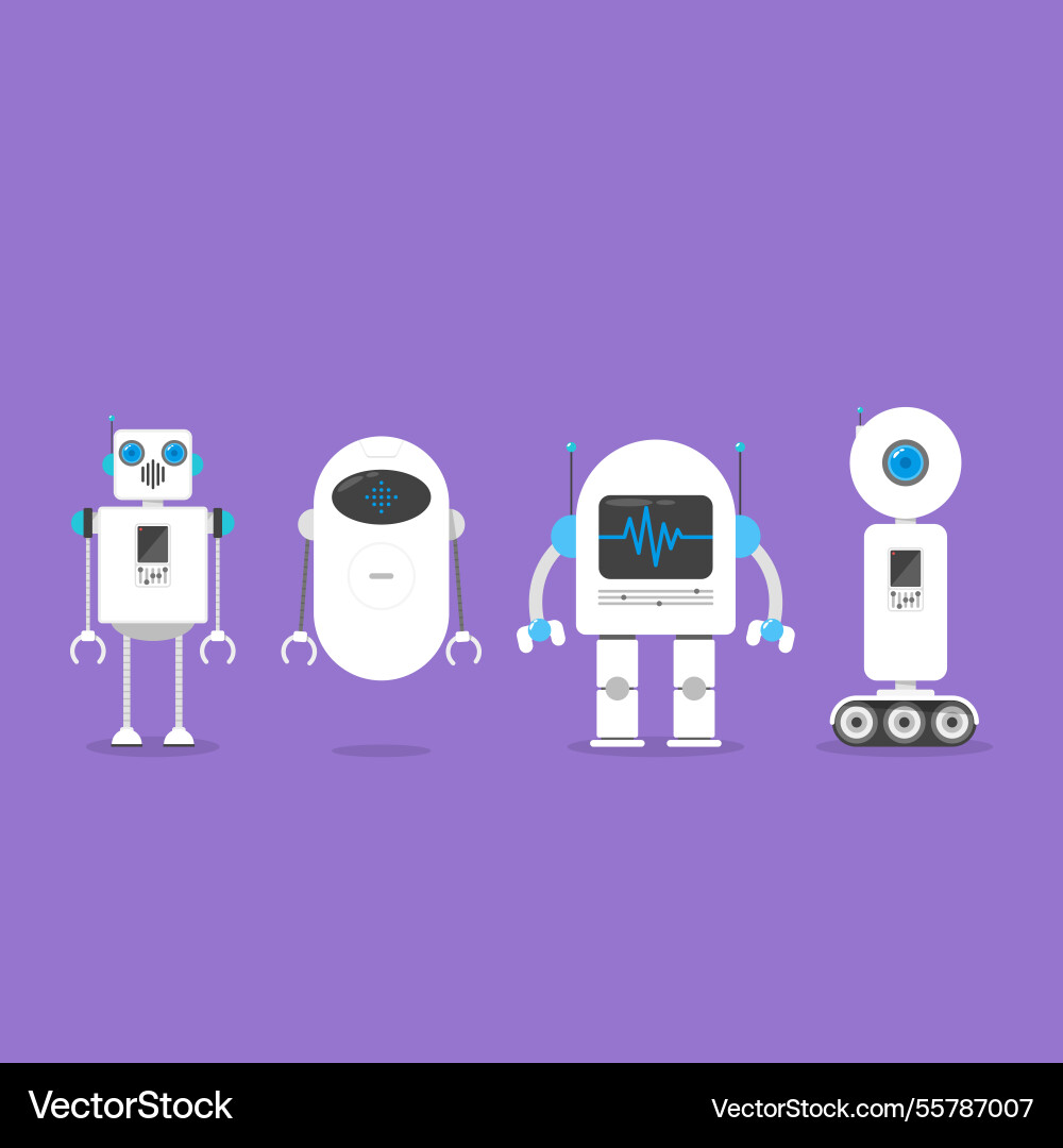 Flat robot collection with different poses Vector Image