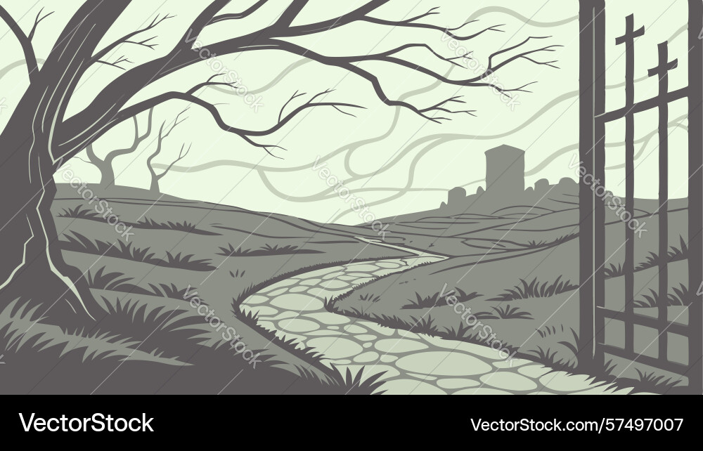 Winding path towards distant gate in forest Vector Image