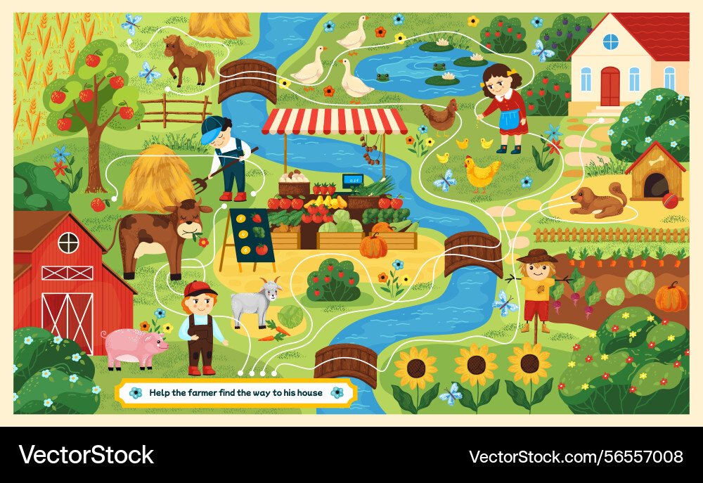 Farm maze kid puzzle game with labyrinth find Farm maze kid puzzle game with labyrinth find vector image