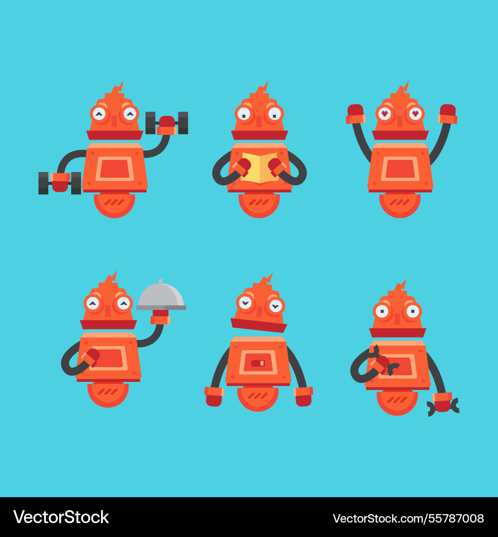 Flat robot collection with different poses Vector Image