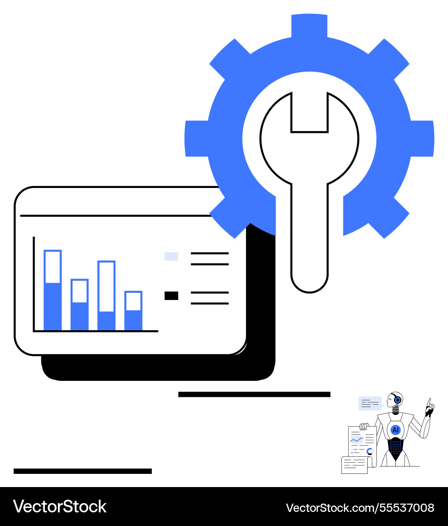 Gear and wrench with digital bar chart robot Gear and wrench with digital bar chart robot Vector Image